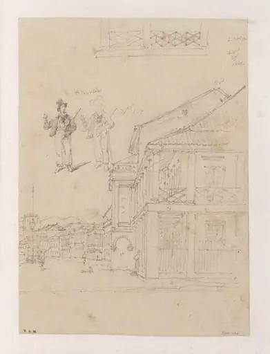 Buildings on the Praya Grande, Macau, with two studies of a Westerner, by George Chinnery