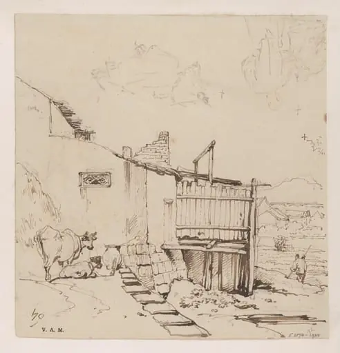 Cattle grazing by a ruinous building, by George Chinnery