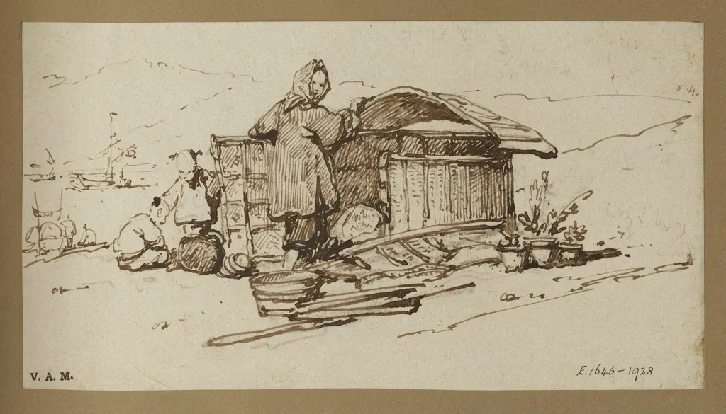 Chinese boatpeople by a makeshift dwelling on the shore, by George Chinnery, 19