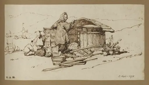 Chinese boatpeople by a makeshift dwelling on the shore, by George Chinnery