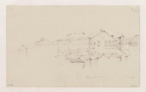 Chinese buildings, probably in Guangzhou (Canton), by George Chinnery