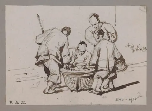 Chinese figures around a covered basket, by George Chinnery