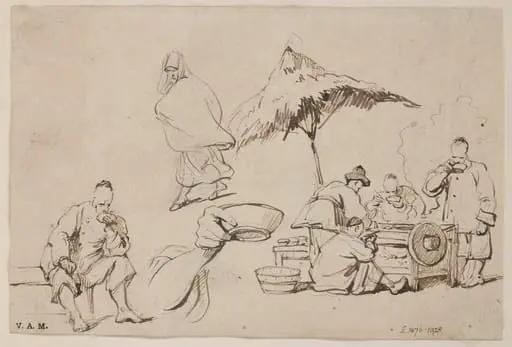 Chinese figures at a food stall, by George Chinnery