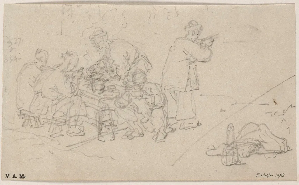 Chinese figures eating food at a table, by George Chinnery, 20