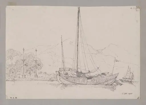 Chinese Junk and Joss House, Inner Harbour, Macao, by George Chinnery