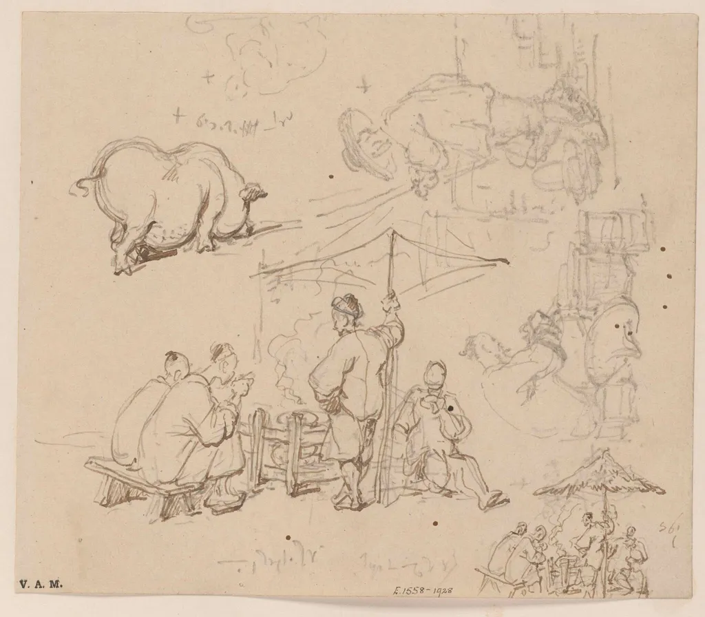 Chinese men at a cooking stove, and of a pig, by George Chinnery, 19