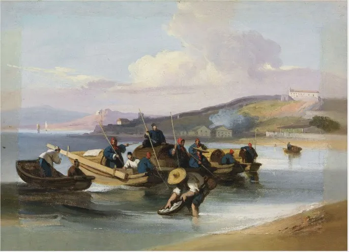 Chinese Scene, Fishermen, by George Chinnery, oil, 1823