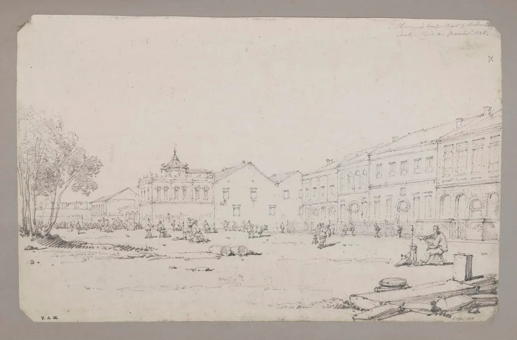 Chinqua's House & part of the Factories, Canton, China. March 1st 1828, by George Chinnery, 2