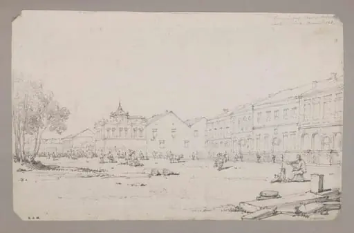Chinqua's House & part of the Factories, Canton, China. March 1st 1828, by George Chinnery