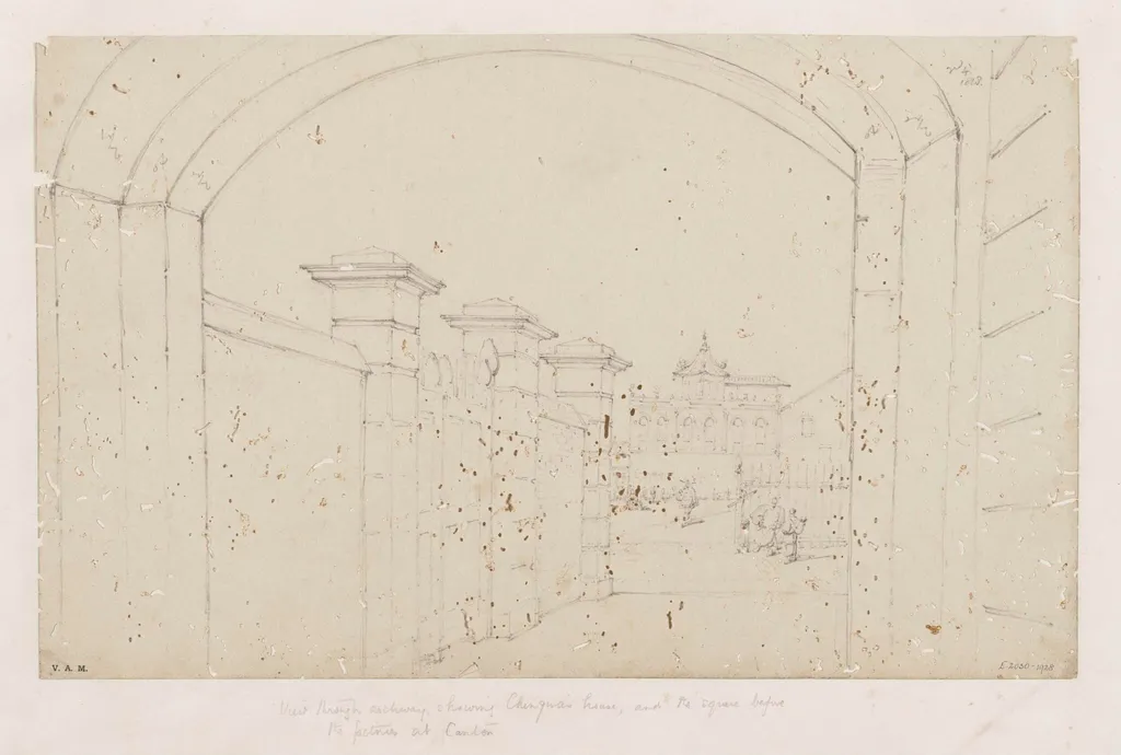 Chungqua's premises seen from the portico of the East India Company's 'factory' at Guangzhou (Canton), by George Chinnery, 4