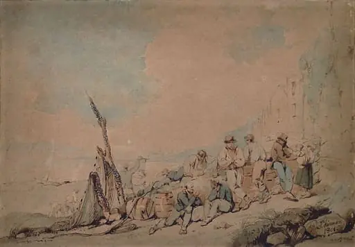 Coast scene, with group of figures near a wall, by George Chinnery
