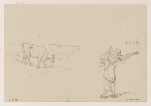 Cows, and a figure carrying a basket, by George Chinnery