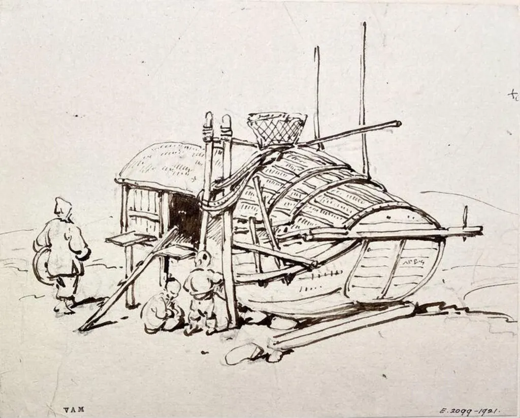 Drawing, a Tanka boat propped up ashore, Macau, by George Chinnery, 19