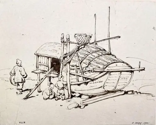 Drawing, a Tanka boat propped up ashore, Macau, by George Chinnery
