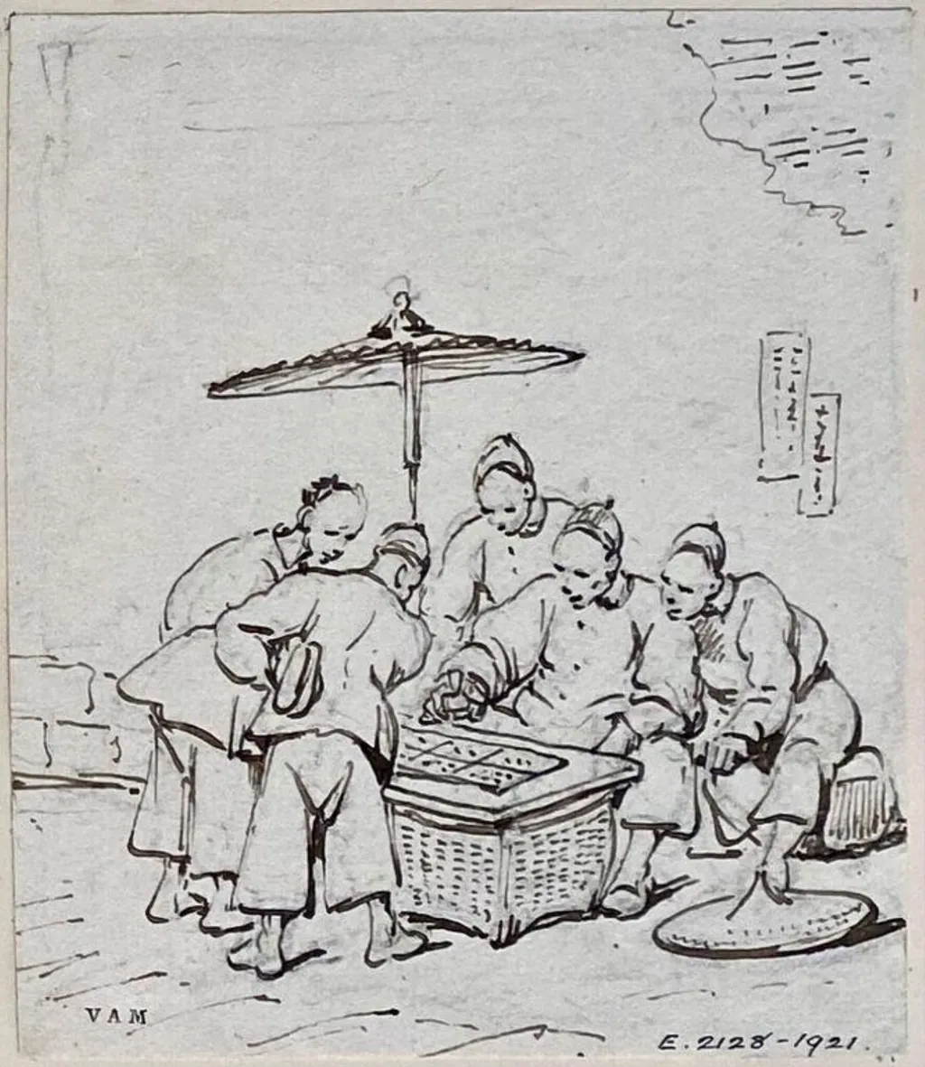 Drawing, Chinese players beneath a parasol, by George Chinnery, 19