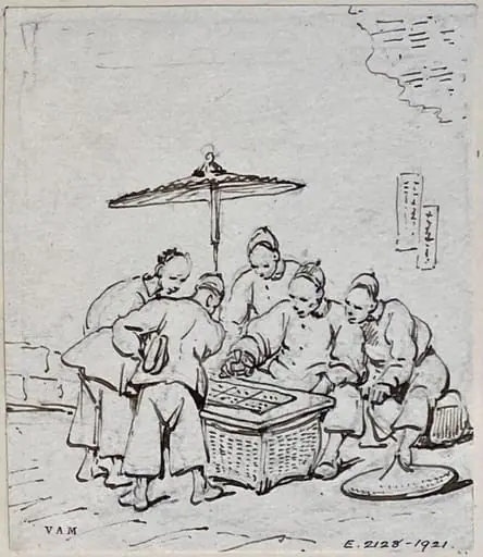Drawing, Chinese players beneath a parasol, by George Chinnery