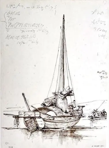 Drawing, Tanka boats off the coast, Macau, by George Chinnery
