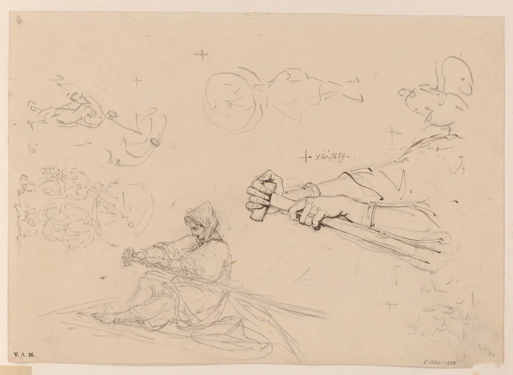 Drawings of a boatwoman rowing, and sketches of figures with parasols, by George Chinnery, 18