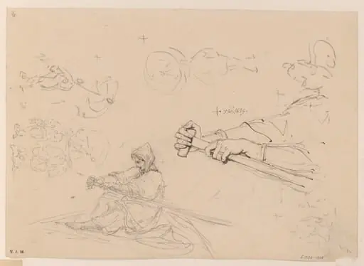 Drawings of a boatwoman rowing, and sketches of figures with parasols, by George Chinnery