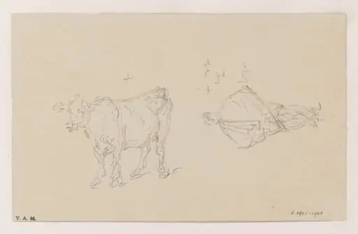 Drawings of a cow and a standing figure, by George Chinnery