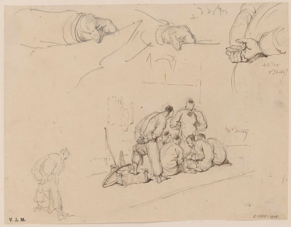Drawings of a group of Chinese men, clasped hands, and a hand holding paper, by George Chinnery, 1847