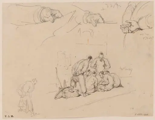 Drawings of a group of Chinese men, clasped hands, and a hand holding paper, by George Chinnery