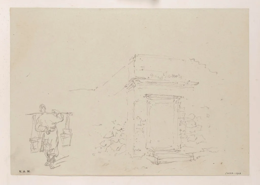 Drawings of a man carrying two pails, and a doorway in a wall, by George Chinnery, 19