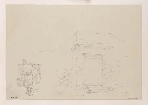 Drawings of a man carrying two pails, and a doorway in a wall, by George Chinnery