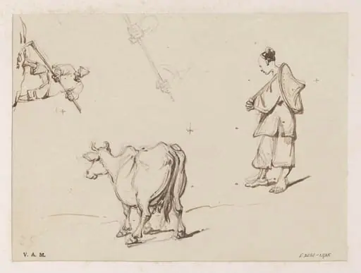 Drawings of figures and a cow, by George Chinnery