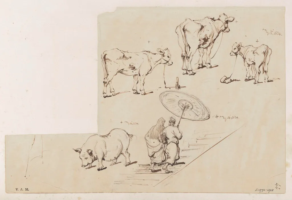 Figures ascending a staircase, a pig, a cow and two calves, by George Chinnery, 12