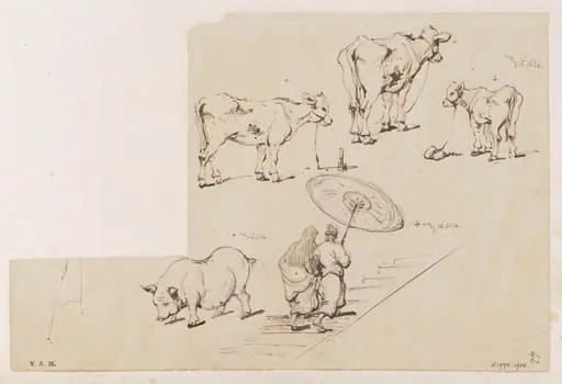 Figures ascending a staircase, a pig, a cow and two calves, by George Chinnery