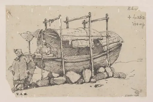 Figures by a beached Tanka boat, by George Chinnery
