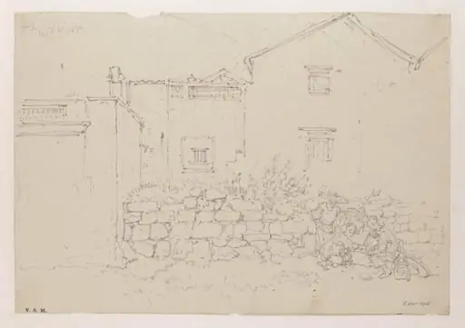 Figures by a stone wall with houses behind, Macau, by George Chinnery