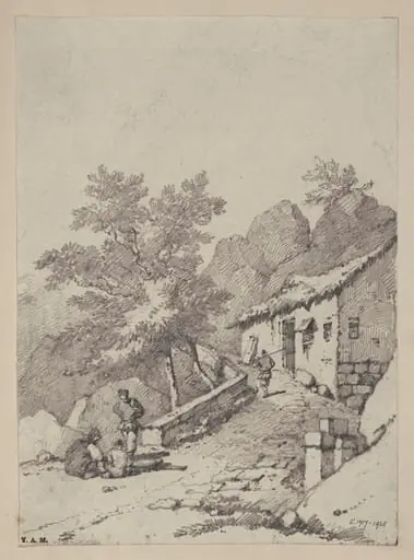 Fiigures on a path leading to a rocky summit, by George Chinnery