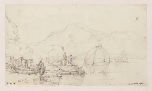 Fishermen by a beached Tanka boat, Macau, by George Chinnery