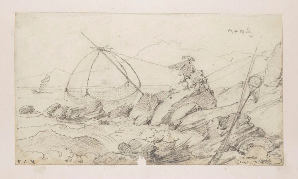 Fishermen with their nets on a rocky coast, by George Chinnery, 1830