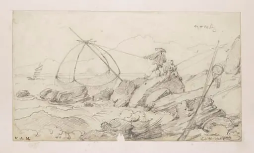 Fishermen with their nets on a rocky coast, by George Chinnery