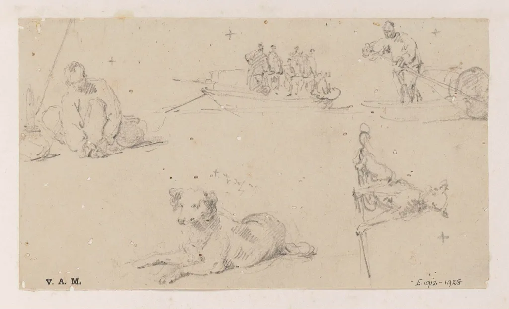 Five drawings of figures and dogs, by George Chinnery, 19