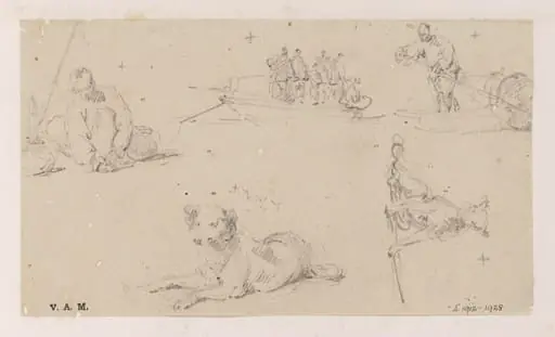 Five drawings of figures and dogs, by George Chinnery