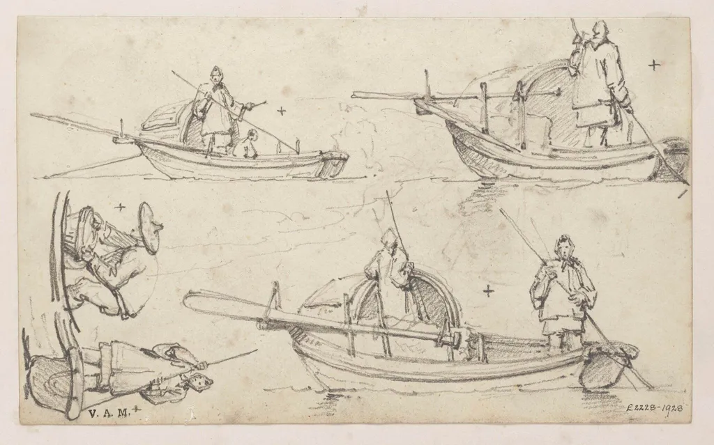 Five drawings of figures in Tanka boats, by George Chinnery, 19