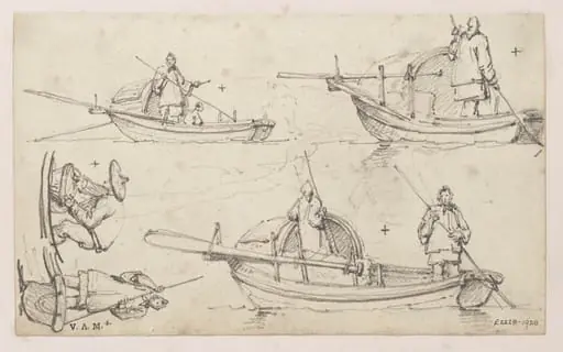 Five drawings of figures in Tanka boats, by George Chinnery