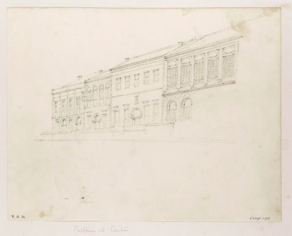 Four of the 'factories' (trading bases) at Canton (Guangzhou), by George Chinnery, 19