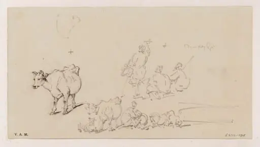 Grouped figures and animals, by George Chinnery
