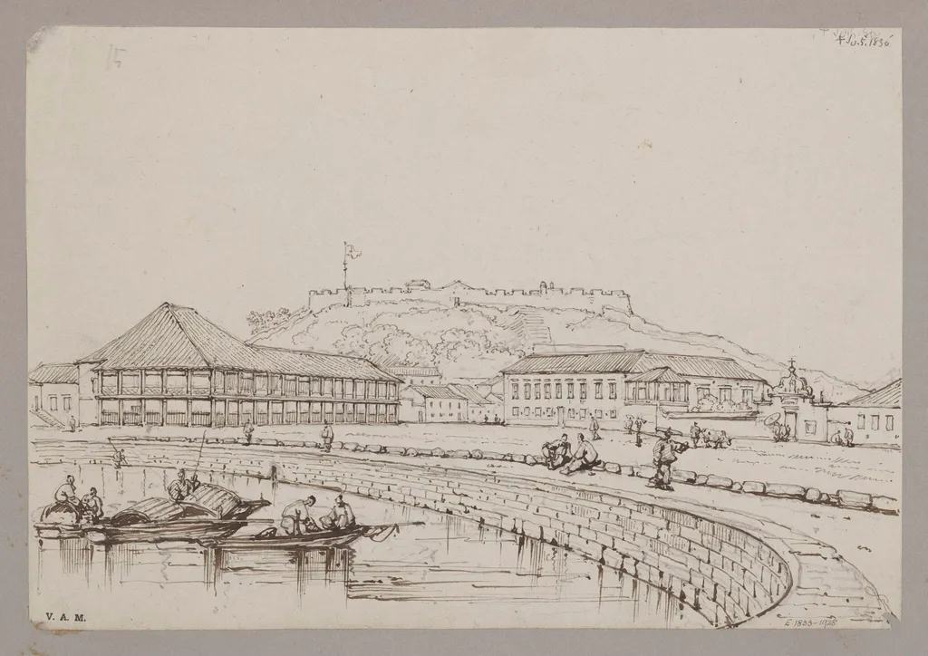 Houses of Mr. Whiteman ("the forty-pillared house") and Captain Elliott, and Monte Fort, Macao, by George Chinnery, 6