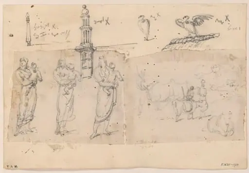 Indian figures, cattle, vultures and minarets, by George Chinnery