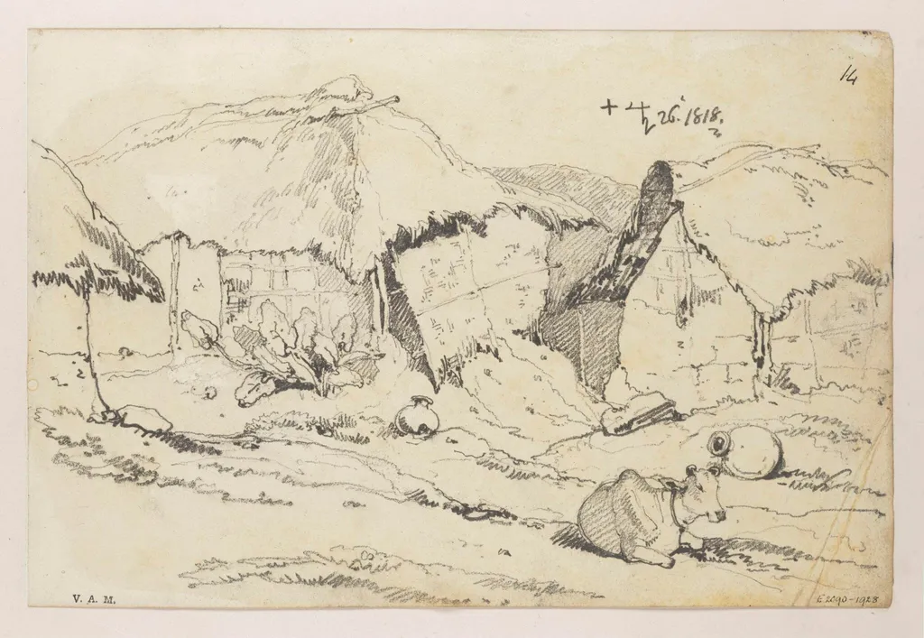Indian village dwellings with a humped ox, by George Chinnery, 18
