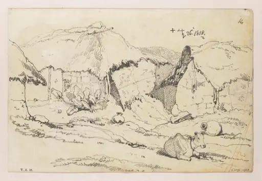 Indian village dwellings with a humped ox, by George Chinnery