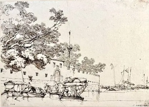 Junks and Tanka boats by a river fort, Canton (Guangzhou), by George Chinnery