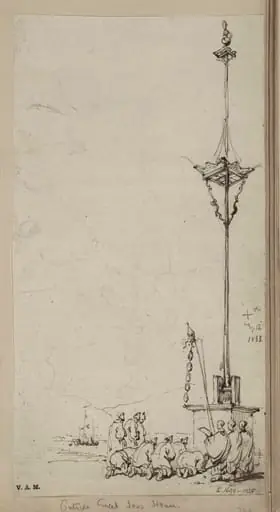 Kneeling figues by a temple mast, Macau, by George Chinnery