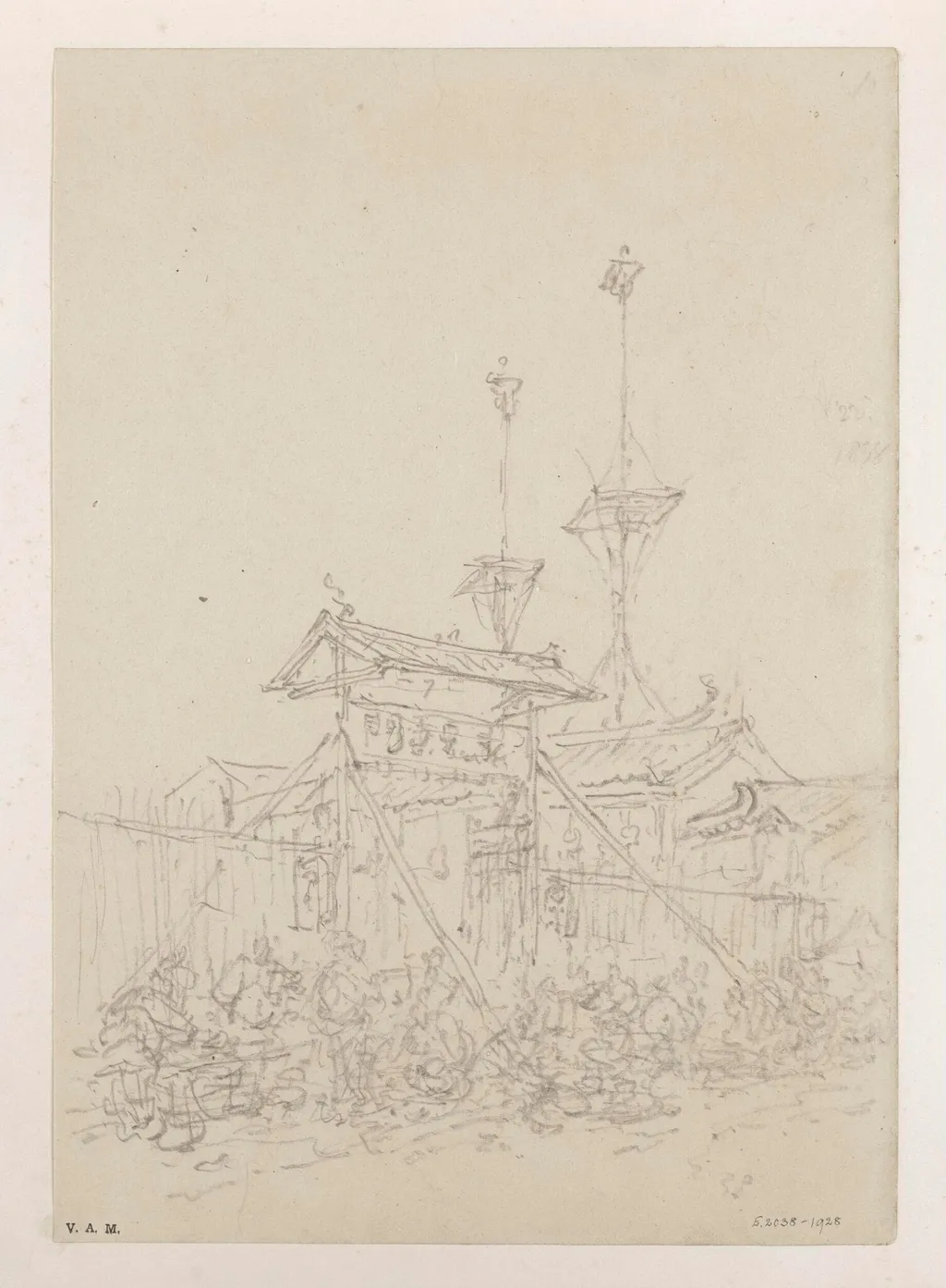 Market stalls by an entrance to a Chinese temple, Macau, by George Chinnery, 12
